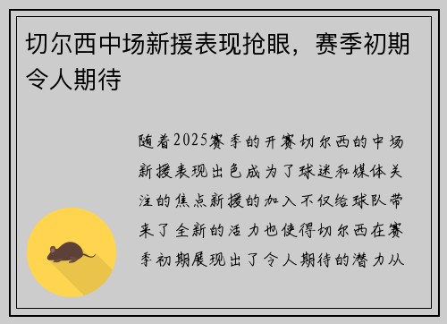 切尔西中场新援表现抢眼，赛季初期令人期待