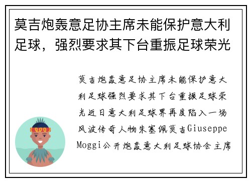 莫吉炮轰意足协主席未能保护意大利足球，强烈要求其下台重振足球荣光