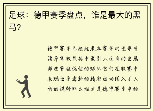 足球：德甲赛季盘点，谁是最大的黑马？