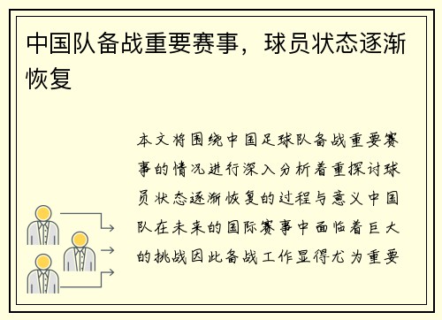 中国队备战重要赛事,球员状态逐渐恢复