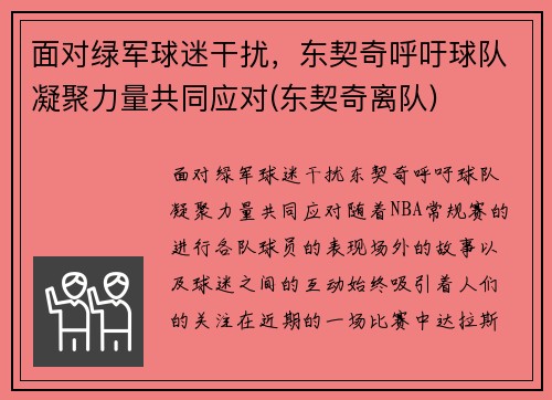 面对绿军球迷干扰,东契奇呼吁球队凝聚力量共同应对(东契奇离队)