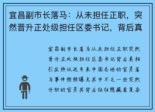 宜昌副市长落马:从未担任正职,突然晋升正处级担任区委书记,背后真相引发热议