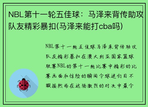 NBL第十一轮五佳球：马泽来背传助攻队友精彩暴扣(马泽来能打cba吗)